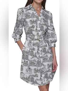 Karl Lagerfeld White and Black Scenic Print Shirt Dress with Belt